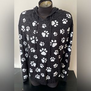 EUC Size XL Flawless Black Marled Paw Print Lightweight Hooded Pullover Top